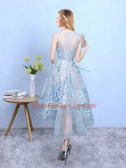 Elegant Light Blue A-line Scoop Sleeveless Tulle and Printed High Low Zipper Appliques Vestidos de Damas