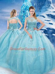 Scoop Sleeveless Tulle Vestidos de Quinceanera Beading Brush Train Lace Up