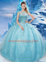 Scoop Sleeveless Tulle Vestidos de Quinceanera Beading Brush Train Lace Up