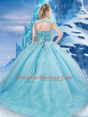 Scoop Sleeveless Tulle Vestidos de Quinceanera Beading Brush Train Lace Up
