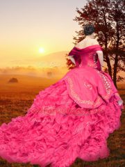 Ideal Embroidery and Ruffles Ball Gown Prom Dress Red Lace Up Sleeveless Brush Train