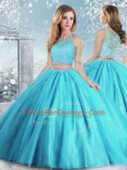 Sweet Floor Length Aqua Blue Quinceanera Dress Scoop Sleeveless Clasp Handle