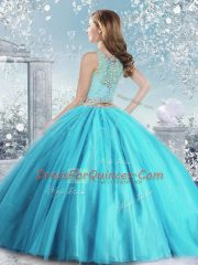 Sweet Floor Length Aqua Blue Quinceanera Dress Scoop Sleeveless Clasp Handle