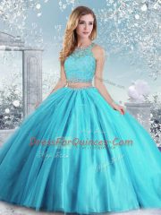 Sweet Floor Length Aqua Blue Quinceanera Dress Scoop Sleeveless Clasp Handle