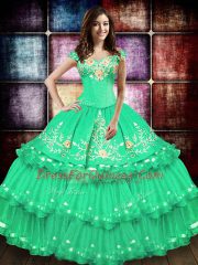 Sweet Turquoise Vestidos de Quinceanera Military Ball and Sweet 16 and Quinceanera with Embroidery and Ruffled Layers Off The Shoulder Sleeveless Lace Up