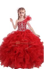 Latest Red Ball Gowns Organza One Shoulder Sleeveless Beading and Ruffles Floor Length Lace Up Little Girls Pageant Dress Wholesale