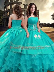 Lovely Turquoise Taffeta Zipper Vestidos de Quinceanera Sleeveless Floor Length Embroidery and Ruffled Layers