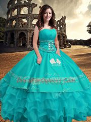 Lovely Turquoise Taffeta Zipper Vestidos de Quinceanera Sleeveless Floor Length Embroidery and Ruffled Layers