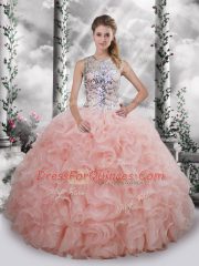 Baby Pink Ball Gowns Beading and Ruffles Vestidos de Quinceanera Lace Up Organza Sleeveless Floor Length