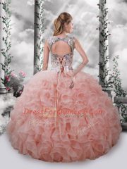 Baby Pink Ball Gowns Beading and Ruffles Vestidos de Quinceanera Lace Up Organza Sleeveless Floor Length