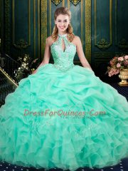 Glorious Apple Green Organza Lace Up Halter Top Sleeveless Floor Length Quinceanera Gowns Beading and Ruffles and Pick Ups