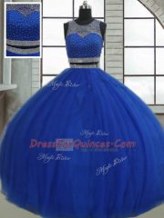 Fitting Scoop Sleeveless Tulle 15 Quinceanera Dress Beading and Sequins Clasp Handle