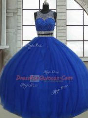 Fitting Scoop Sleeveless Tulle 15 Quinceanera Dress Beading and Sequins Clasp Handle