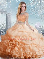 Wonderful Scoop Sleeveless Clasp Handle Vestidos de Quinceanera Peach Organza