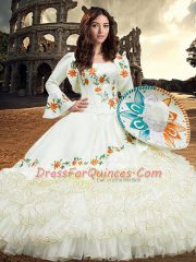 High Quality Organza Long Sleeves Floor Length Quinceanera Gown and Embroidery and Ruffled Layers
