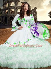 Dazzling White Sweet 16 Quinceanera Dress Military Ball and Sweet 16 and Quinceanera with Embroidery and Ruffled Layers Square Long Sleeves Lace Up