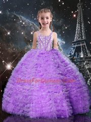 Classical Eggplant Purple Straps Neckline Beading and Ruffles and Ruffled Layers Little Girl Pageant Dress Sleeveless Lace Up
