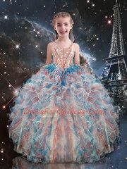 Sleeveless Organza Floor Length Lace Up Kids Pageant Dress in Multi-color with Beading and Ruffles
