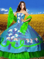Delicate Floor Length Multi-color Quince Ball Gowns Taffeta Sleeveless Embroidery