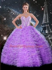 Floor Length Lavender Sweet 16 Dress Organza Sleeveless Beading and Ruffled Layers