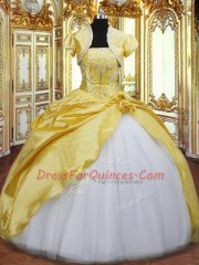 Stylish Floor Length Lace Up Quinceanera Dresses Gold for Military Ball and Sweet 16 and Quinceanera with Beading and Hand Made Flower