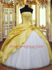 Stylish Floor Length Lace Up Quinceanera Dresses Gold for Military Ball and Sweet 16 and Quinceanera with Beading and Hand Made Flower