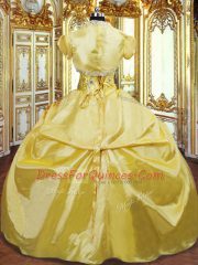 Stylish Floor Length Lace Up Quinceanera Dresses Gold for Military Ball and Sweet 16 and Quinceanera with Beading and Hand Made Flower