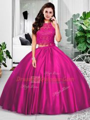 Elegant Fuchsia Two Pieces Lace and Ruching Quinceanera Gowns Zipper Taffeta Sleeveless Floor Length