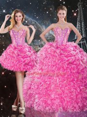Sleeveless Organza Floor Length Lace Up Ball Gown Prom Dress in Rose Pink with Beading and Ruffles