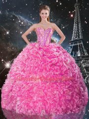 Sleeveless Organza Floor Length Lace Up Ball Gown Prom Dress in Rose Pink with Beading and Ruffles