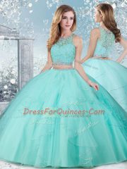 High Quality Aqua Blue Sleeveless Floor Length Beading Clasp Handle Ball Gown Prom Dress