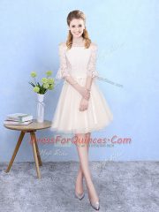 Popular Champagne Tulle Lace Up Quinceanera Dama Dress Half Sleeves Knee Length Lace