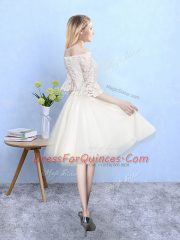 Popular Champagne Tulle Lace Up Quinceanera Dama Dress Half Sleeves Knee Length Lace