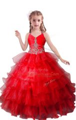 Custom Fit Floor Length Ball Gowns Sleeveless Red Little Girl Pageant Gowns Zipper