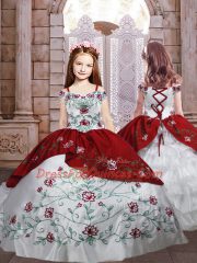 Perfect Ball Gowns Little Girl Pageant Dress White And Red Spaghetti Straps Taffeta Sleeveless Floor Length Lace Up