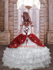 Perfect Ball Gowns Little Girl Pageant Dress White And Red Spaghetti Straps Taffeta Sleeveless Floor Length Lace Up