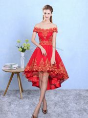 Fine Wine Red Off The Shoulder Neckline Appliques Quinceanera Court of Honor Dress Sleeveless Lace Up