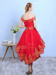 Fine Wine Red Off The Shoulder Neckline Appliques Quinceanera Court of Honor Dress Sleeveless Lace Up