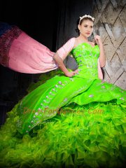 Sleeveless Brush Train Embroidery and Ruffles Lace Up Ball Gown Prom Dress