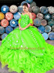 Sleeveless Brush Train Embroidery and Ruffles Lace Up Ball Gown Prom Dress