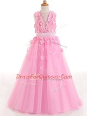 New Arrival Rose Pink Zipper Scoop Appliques and Bowknot Little Girl Pageant Dress Tulle Sleeveless