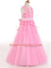 New Arrival Rose Pink Zipper Scoop Appliques and Bowknot Little Girl Pageant Dress Tulle Sleeveless