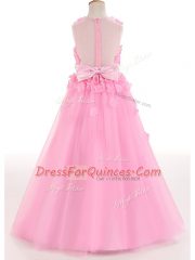 New Arrival Rose Pink Zipper Scoop Appliques and Bowknot Little Girl Pageant Dress Tulle Sleeveless