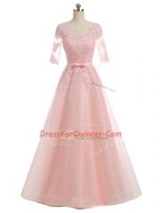 Flirting Floor Length A-line Short Sleeves Pink Prom Evening Gown Zipper