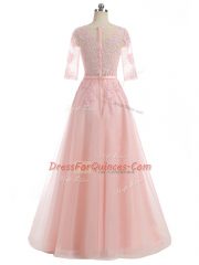 Flirting Floor Length A-line Short Sleeves Pink Prom Evening Gown Zipper