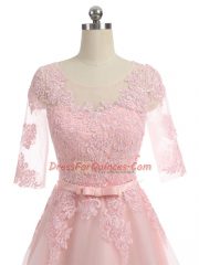 Flirting Floor Length A-line Short Sleeves Pink Prom Evening Gown Zipper