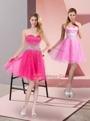 Deluxe Sweetheart Sleeveless Prom Dress Mini Length Beading Hot Pink Tulle