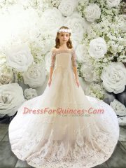 White Half Sleeves Court Train Lace Flower Girl Dresses for Less