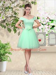 Fantastic Apple Green Lace Up Dama Dress Lace and Belt Sleeveless Knee Length