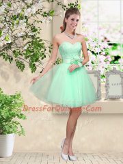Fantastic Apple Green Lace Up Dama Dress Lace and Belt Sleeveless Knee Length